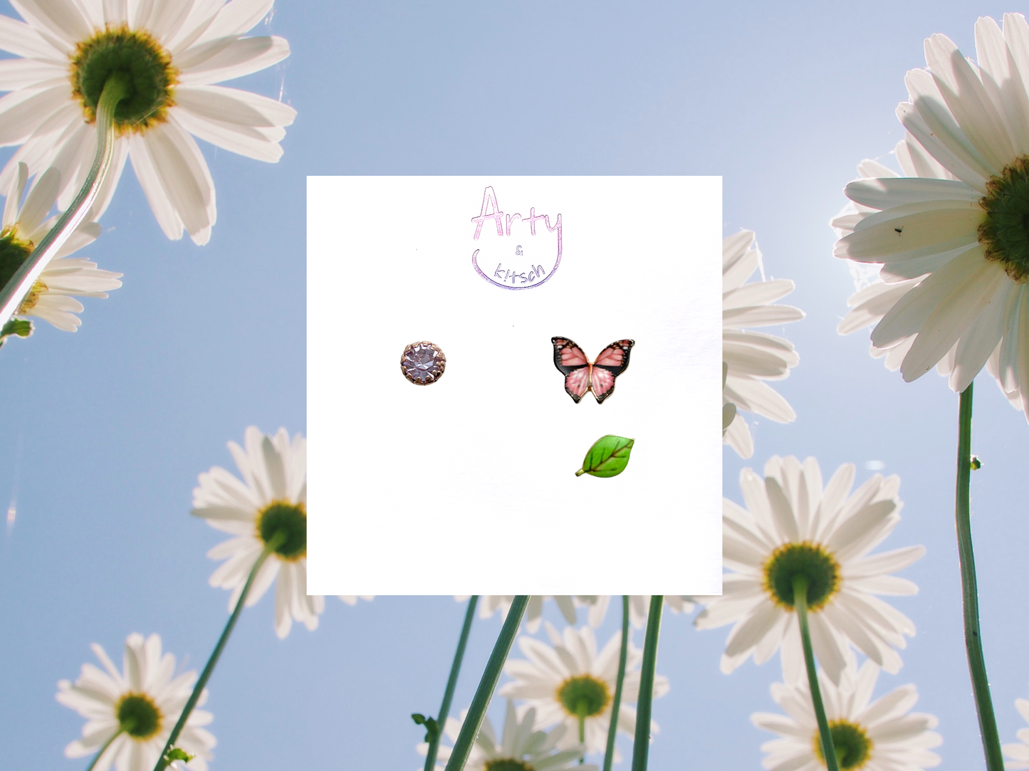 Pink Butterfly & Leaf Studs- Set of three