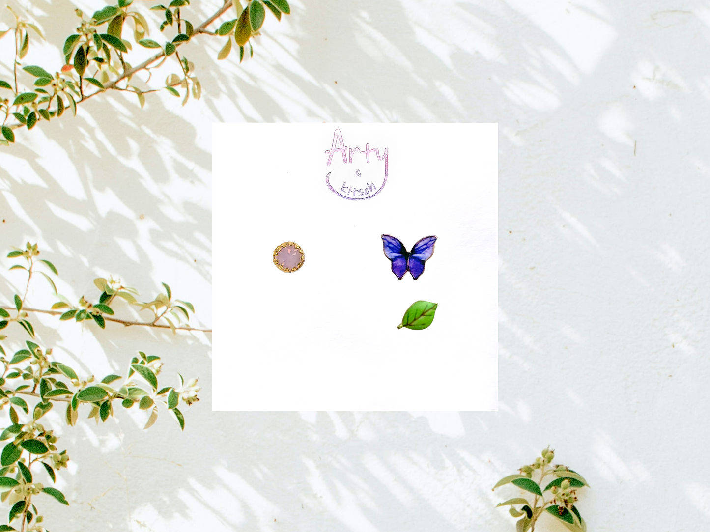 Purple Butterfly & Leaf Studs- Set of three