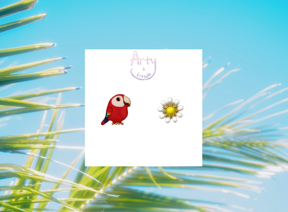 Tropical Parrot & Bloom Mismatched Studs