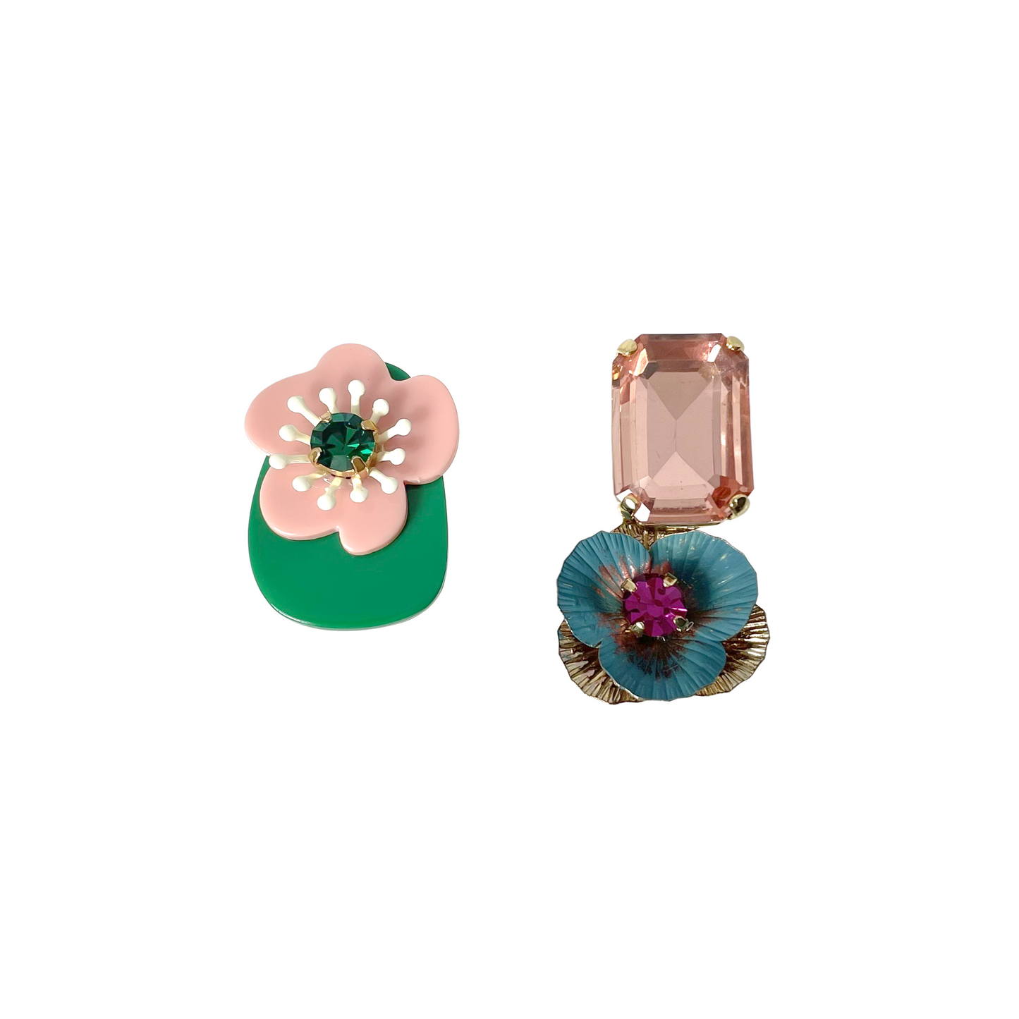 Pink Green Flower Mismatched Earrings