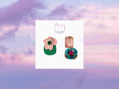 Pink Green Flower Mismatched Earrings